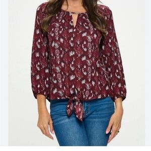 West Kei Red and White 3/4 Sleeve Tie Front Blouse